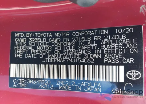 2021 Toyota Corolla Le z USA, uszkodzony, nr VIN JTDEPMAE7MJ154062